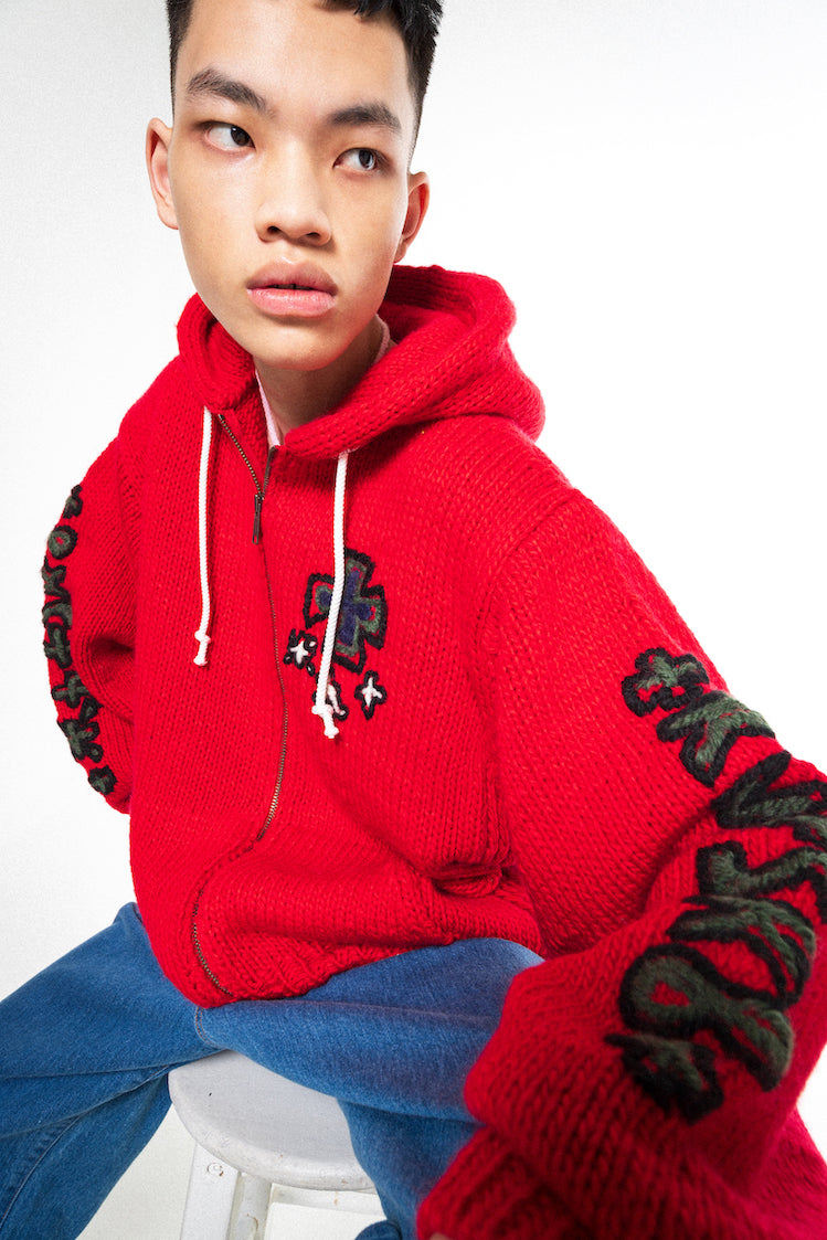 HAND KINITTED SK8 ZIP HOODIE (RED)