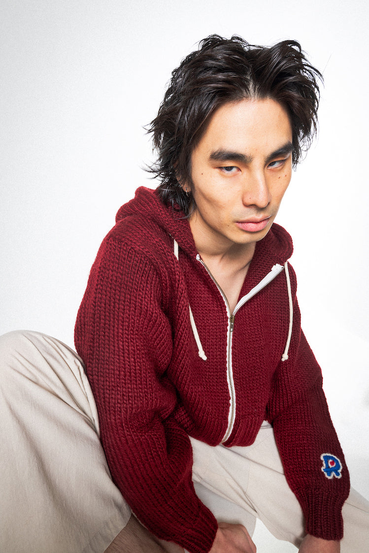HAND KINITTED ZIP HOODIE (WINE RED)
