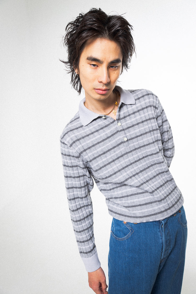 RIBBED KNIT POLO SHIRT (LIGHT GRAY)