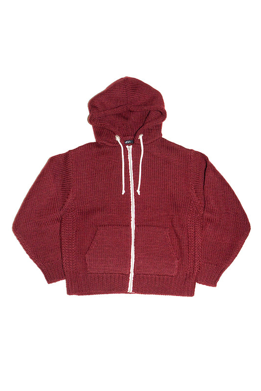 HAND KINITTED ZIP HOODIE (WINE RED)