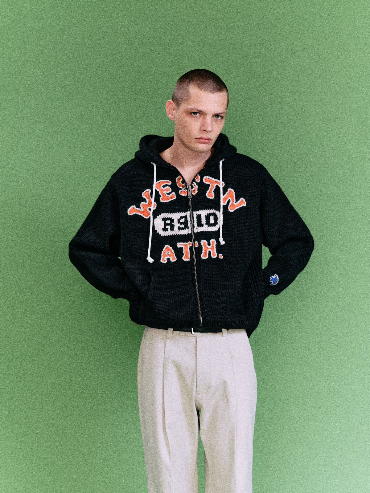 HOME MADE KNITTING ZIP HOODIE  (BLACK)