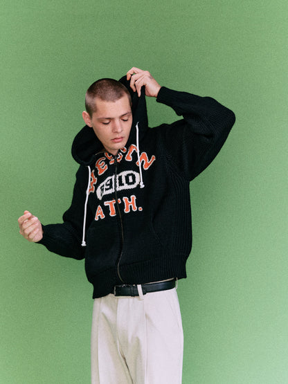 HOME MADE KNITTING ZIP HOODIE  (BLACK)