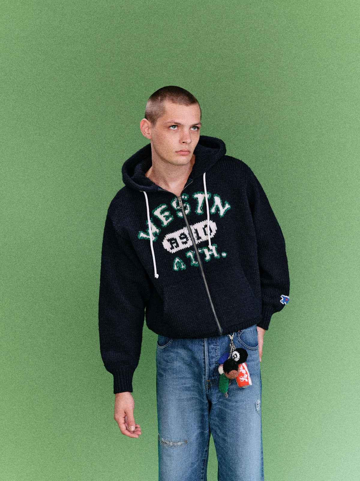 HOME MADE KNITTING ZIP HOODIE  (NAVY)