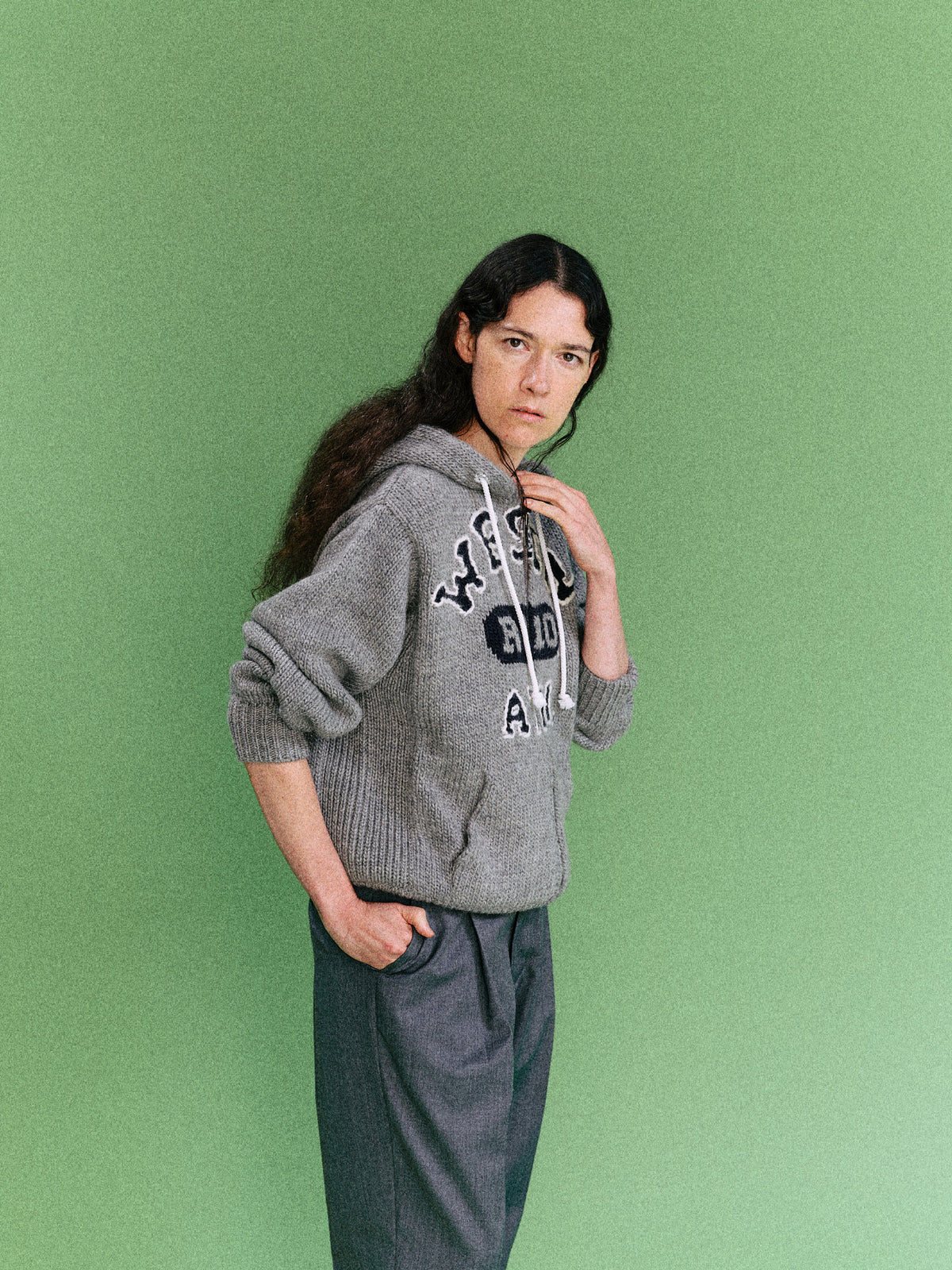 HOME MADE KNITTING ZIP HOODIE  (GRAY)