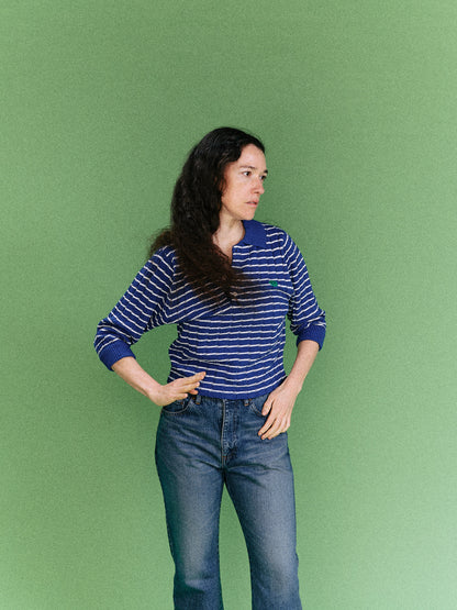 KNITTED CROPPED POLO SHIRT  (BLUE)