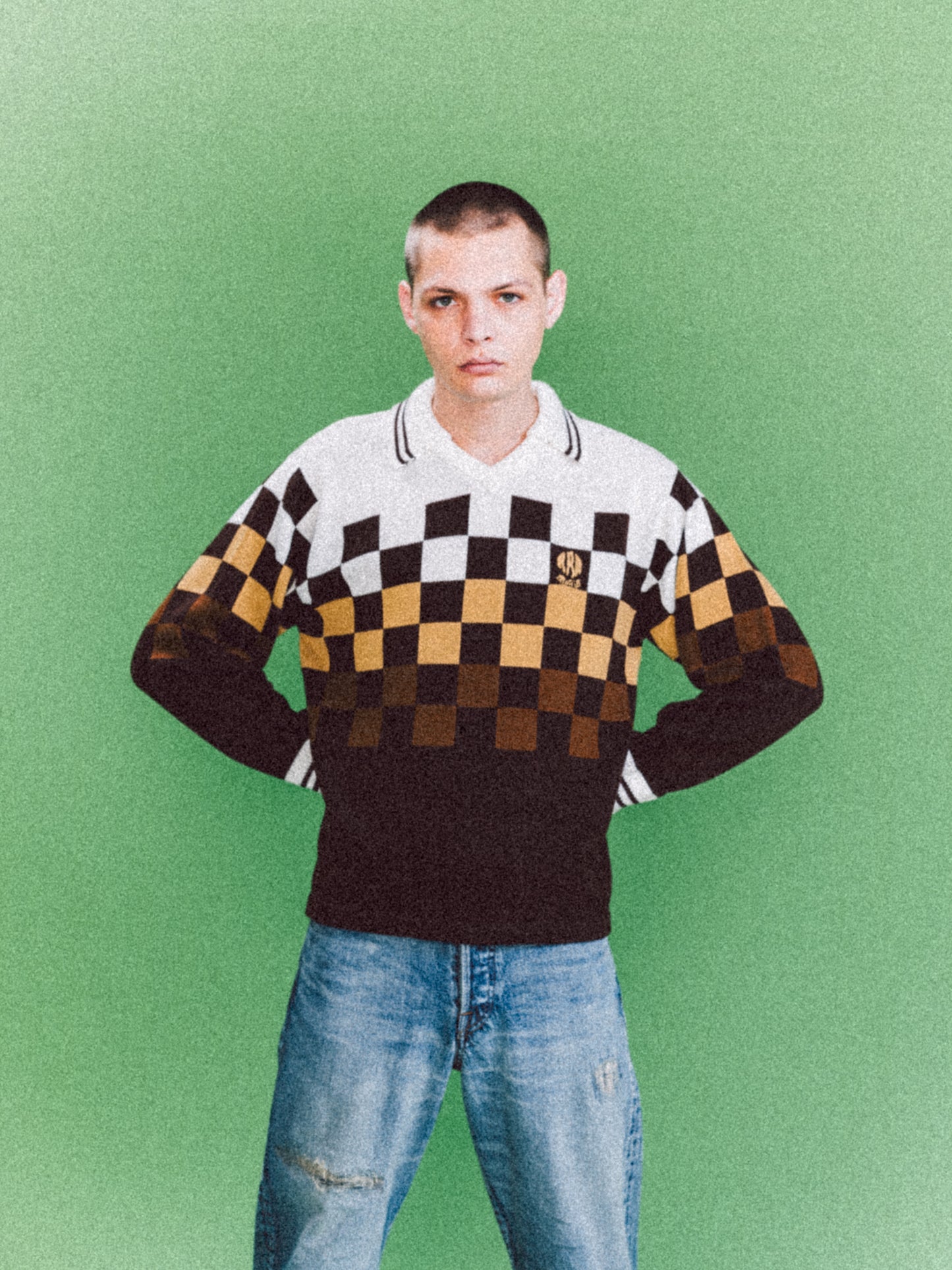 KNITTING CHECKERD GAME SHIRT(BROWN)