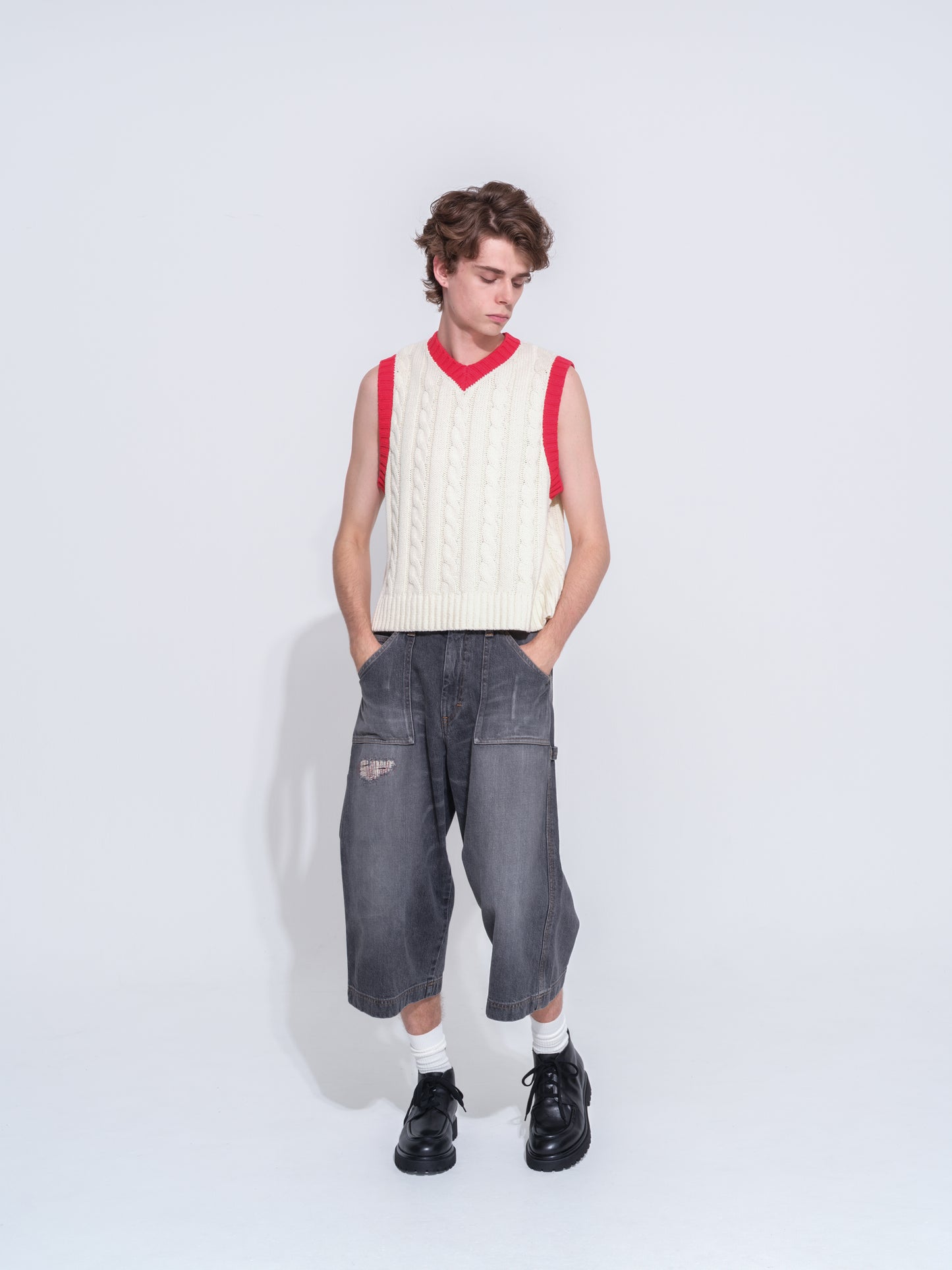 CABLE KNIT RINGER VEST (OFF WHITE) 