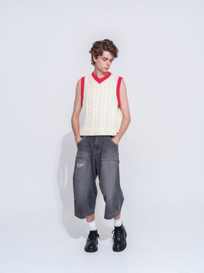 CABLE KNIT RINGER VEST (OFF WHITE) 