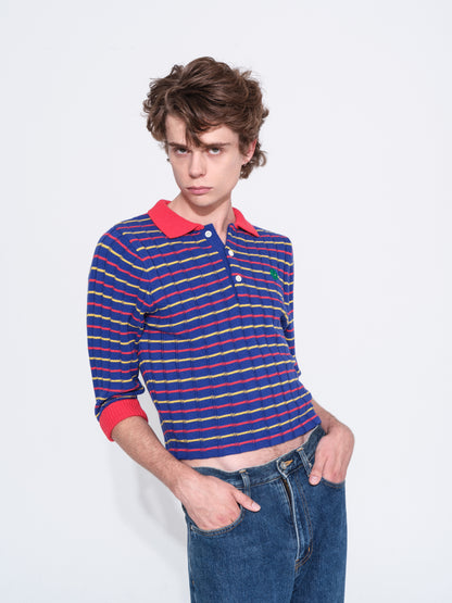 KNITTED CROPPED POLO SHIRT (BLUE)