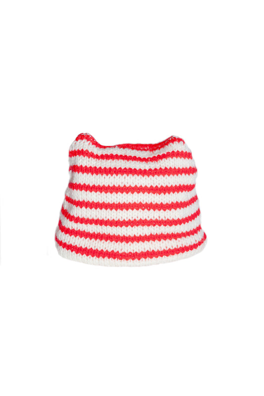 HAND KNITTED STRIPED BEANIE (RED)
